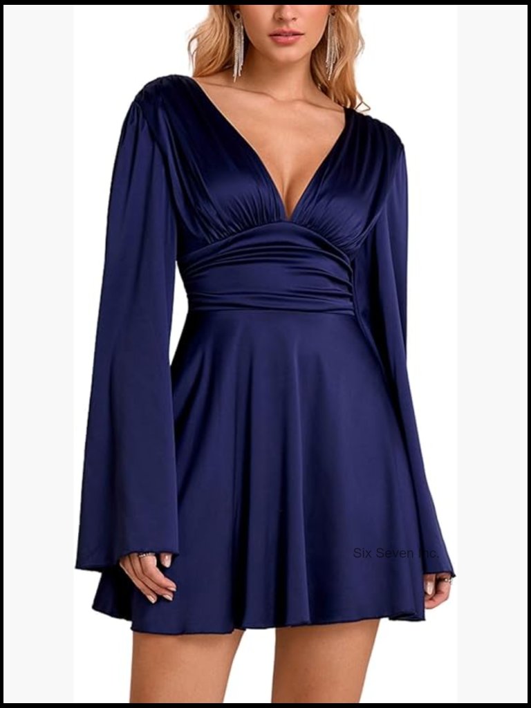 Deep V-Neck Long Sleeve Mini Satin Dress Flowy A-Line Party Dress
